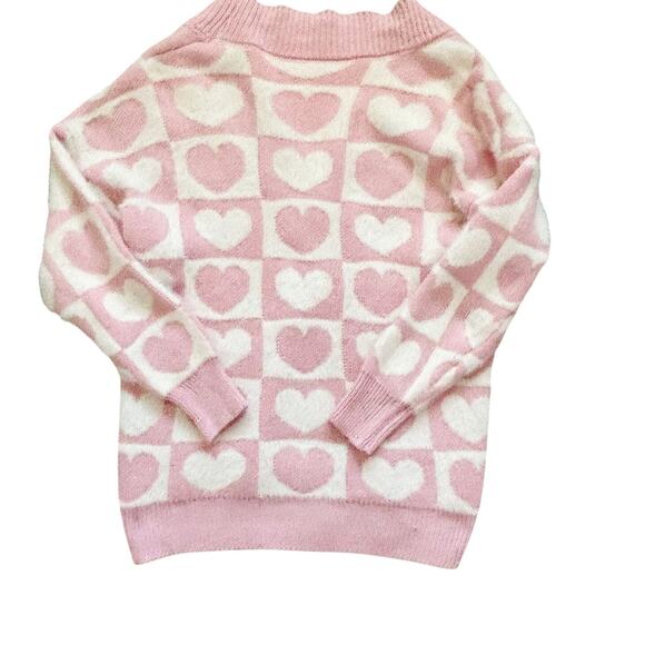 Heart Checkered Fluffy Pink Knit V-Neck Cardigan - Picture 3 of 4